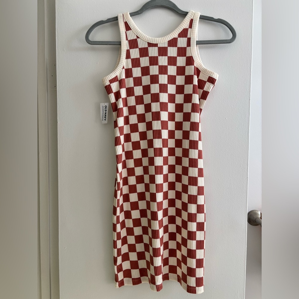 Girls Old Navy tank dress, XL 14-16, NWT, cream & rust checkered